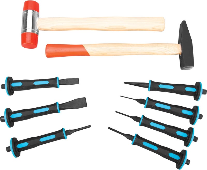 Performance Tool M7047 9 Pc. Hammer and Punch Set - Nylon Install Hammer, Machinist's Hammer, Cold Chisels, Pin Punches, Tapered Punch, Carbon Steel, Rubber Grips, Black/Orange - Image 1